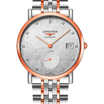 Longines Elegant Collection Small Seconds Automatic Watch - 34.5 mm Steel And Pink Gold Case - Striped Silver Diamond Dial - Steel And Pink Gold Cap 200 Bracelet - L4.312.5.77.7