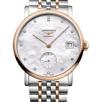 Longines Elegant Collection Small Seconds Automatic Watch - 34.5 mm Steel And Pink Gold Case - White Mother-Of-Pearl Diamond Dial - Steel And Pink Gold Cap 200 Bracelet - L4.312.5.87.7
