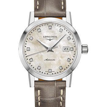 Longines 1832 Watch - 30 mm Steel Case - Beige Mother-Of-Pearl Diamond Dial - Beige Alligator Strap - L4.325.4.87.2