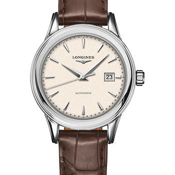 Longines Flagship Automatic Watch - 30 mm Steel Case - Beige Dial - Brown Strap - L4.374.4.79.2
