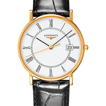 Longines PrŽsence Quartz Watch - 33.5 mm Yellow Gold Case - White Roman Dial - Black Strap - L4.743.6.11.0
