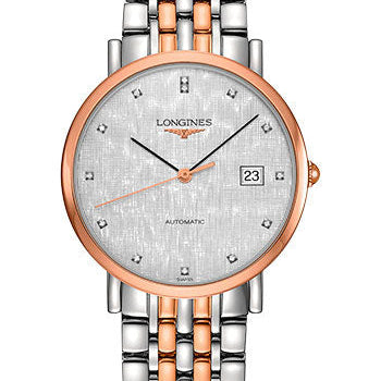 Longines Elegant Collection Automatic Watch - 37 mm Steel And Pink Gold Case - Striped Silver Diamond Dial - Steel And Pink Gold Cap 200 Bracelet - L4.810.5.77.7