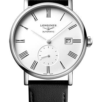 Longines Elegant Collection Small Seconds Automatic Watch - 39 mm Steel Case - White Roman Dial - Black Strap - Vegetable Material Bracelet - L4.812.4.11.0
