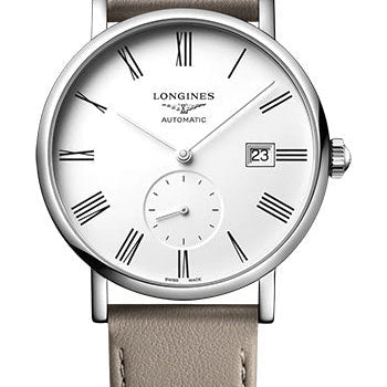 Longines Elegant Collection Small Seconds Automatic Watch - 39 mm Steel Case - White Roman Dial - Beige Strap - Vegetable Material Bracelet - L4.812.4.11.2
