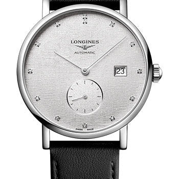 Longines Elegant Collection Small Seconds Automatic Watch - 39 mm Steel Case - Striped Silver Diamond Dial - Black Strap - Vegetable Material Bracelet - L4.812.4.77.2