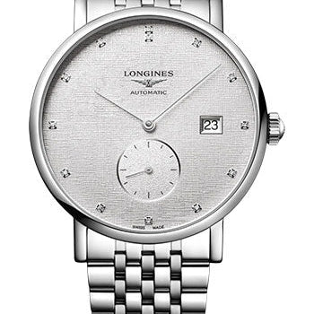 Longines Elegant Collection Small Seconds Automatic Watch - 39 mm Steel Case - Striped Silver Diamond Dial - Bracelet - L4.812.4.77.6