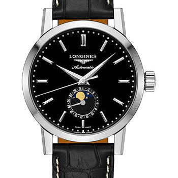 Longines 1832 Moon Phase Watch - 40 mm Steel Case - Black Dial - Black Alligator Strap - L4.826.4.52.0