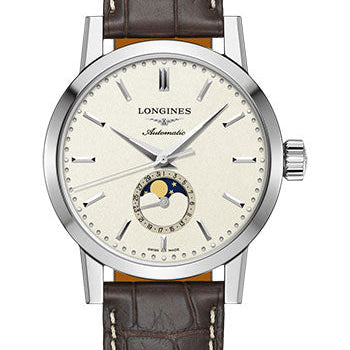 Longines 1832 Moon Phase Watch - 40 mm Steel Case - Beige Dial - Brown Alligator Strap - L4.826.4.92.2