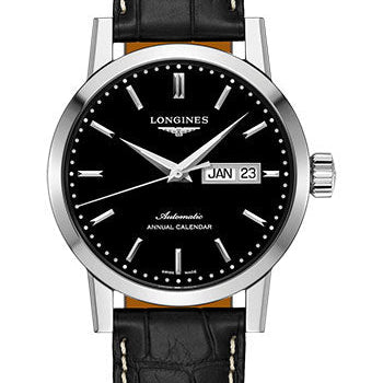 Longines 1832 Annual Calendar Watch - 40 mm Steel Case - Black Dial - Black Alligator Strap - L4.827.4.52.0