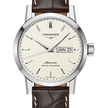 Longines 1832 Annual Calendar Watch - 40 mm Steel Case - Beige Dial - Brown Alligator Strap - L4.827.4.92.2