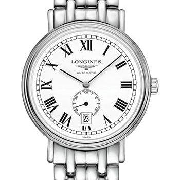 Longines PrŽsence Small Seconds Automatic Watch - 40 mm Steel Case - White Roman Dial - Bracelet - L4.905.4.11.6