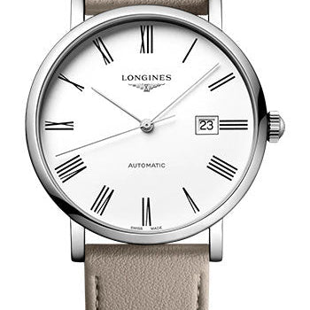 Longines Elegant Collection Automatic Watch - 41 mm Steel Case - White Roman Dial - Beige Strap - Vegetable Material Bracelet - L4.911.4.11.0