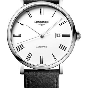 Longines Elegant Collection Automatic Watch - 41 mm Steel Case - White Roman Dial - Black Strap - Vegetable Material Bracelet - L4.911.4.11.2