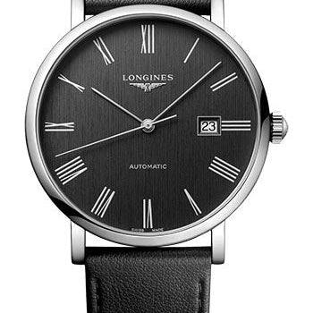 Longines Elegant Collection Automatic Watch - 41 mm Steel Case - Anthracite Roman Dial - Black Strap - Vegetable Material Bracelet - L4.911.4.71.2