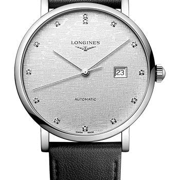 Longines Elegant Collection Automatic Watch - 41 mm Steel Case - Striped Silver Diamond Dial - Black Strap - Vegetable Material Bracelet - L4.911.4.77.2