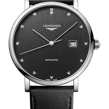 Longines Elegant Collection Automatic Watch - 41 mm Steel Case - Anthracite Diamond Dial - Black Synthetic Strap - L4.911.4.78.2