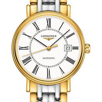 Longines PrŽsence Automatic Watch - 40 mm Steel And Yellow PVD Case - White Roman Dial - Bracelet - L4.922.2.11.7