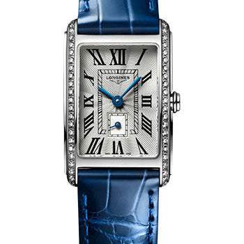 Longines DolceVita Small Seconds Quartz Watch - 20.80 X 32 mm Steel Diamond Case - Silver FlinquŽ Roman Dial - Blue Strap - L5.255.0.71.7