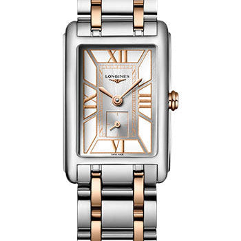 Longines DolceVita Small Seconds Quartz Watch - 20.80 X 32 mm Steel Case - White Roman Dial - Steel And Pink Gold Cap 200 Bracelet - L5.255.5.75.7