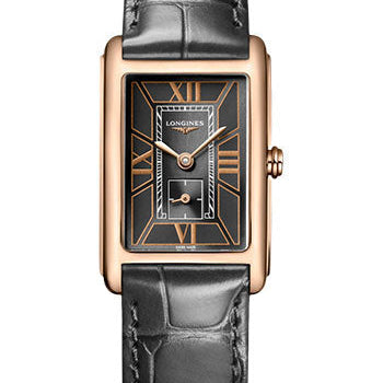 Longines DolceVita Small Seconds Quartz Watch - 20.80 X 32 mm Pink Gold Case - Black Roman Dial - Anthracite Strap - L5.255.8.75.2