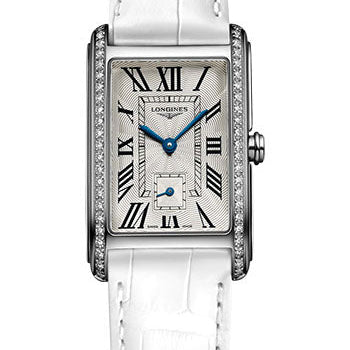 Longines DolceVita Small Seconds Quartz Watch - 23.30 X 37 mm Steel Diamond Case - Silver FlinquŽ Roman Dial - White Strap - L5.512.0.71.2