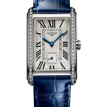Longines DolceVita Small Seconds Quartz Watch - 23.30 X 37 mm Steel Diamond Case - Silver FlinquŽ Roman Dial - Blue Strap - L5.512.0.71.7