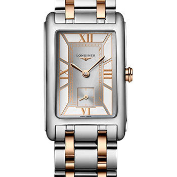 Longines DolceVita Small Seconds Quartz Watch - 23.30 X 37 mm Steel Case - White Roman Dial - Steel And Pink Gold Cap 200 Bracelet - L5.512.5.75.7