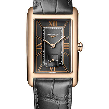 Longines DolceVita Small Seconds Quartz Watch - 23.30 X 37 mm Pink Gold Case - Black Roman Dial - Anthracite Strap - L5.512.8.75.2