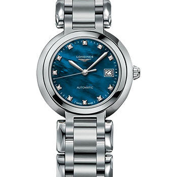 Longines PrimaLuna Automatic Watch - 26.5 mm Steel Case - Blue Mother-Of-Pearl Diamond Dial - Bracelet - L8.111.4.98.6