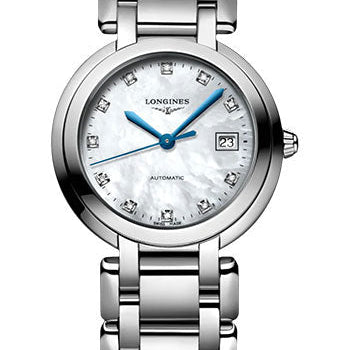 Longines PrimaLuna Automatic Watch - 30 mm Steel Case - White Mother-Of-Pearl Diamond Dial - Bracelet - L8.113.4.87.6
