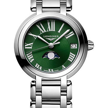 Longines PrimaLuna Moon Phase Quartz Watch - 30.5 mm Steel Case - Green Roman Dial - Bracelet - L8.115.4.61.6