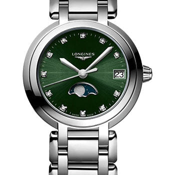 Longines PrimaLuna Moon Phase Quartz Watch - 30.5 mm Steel Case - Green Diamond Dial - Bracelet - L8.115.4.67.6