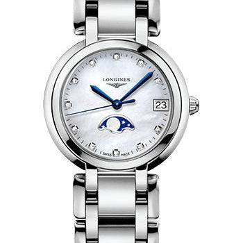 Longines PrimaLuna Moon Phase Quartz Watch - 30.5 mm Steel Case - White Mother-Of-Pearl Diamond Dial - L8.115.4.87.6