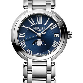 Longines PrimaLuna Moon Phase Quartz Watch - 30.5 mm Steel Case - Blue Roman Dial - Bracelet - L8.115.4.91.6