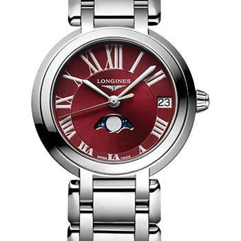 Longines PrimaLuna Moon Phase Quartz Watch - 30.5 mm Steel Case - Bordeaux Roman Dial - Bracelet - L8.115.4.92.6