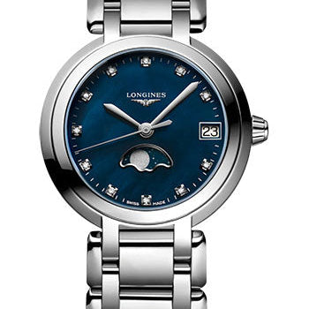 Longines PrimaLuna Moon Phase Quartz Watch - 30.5 mm Steel Case - Blue Mother-Of-Pearl Diamond Dial - Bracelet - L8.115.4.98.6