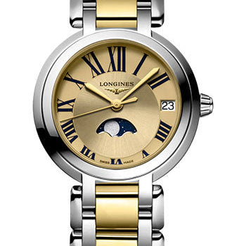 Longines PrimaLuna Moon Phase Quartz Watch - 30.5 mm Steel And Yellow Gold Case - Gilt Roman Dial - Steel And Yellow Gold Cap 200 Bracelet - L8.115.5.31.7