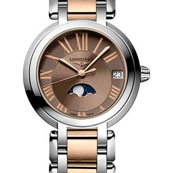 Longines PrimaLuna Moon Phase Quartz Watch - 30.5 mm Steel And Pink Gold Case - Taupe Roman Dial - Steel And Pink Gold Cap 200 Bracelet - L8.115.5.61.7