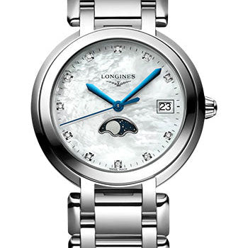 Longines PrimaLuna Moon Phase Quartz Watch - 34 mm Steel Case - White Mother-Of-Pearl Diamond Dial - Bracelet - L8.116.4.87.6
