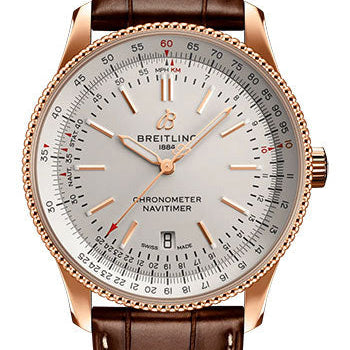 Breitling Navitimer Automatic 41 Watch - 18K Red Gold - Silver Dial - Brown Alligator Leather Strap - Tang Buckle - R17326211G1P1
