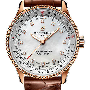 Breitling Navitimer Automatic 35 Watch - 18K Red Gold - Mother-Of-Pearl Dial - Brown Alligator Leather Strap - Tang Buckle - R17395211A1P1