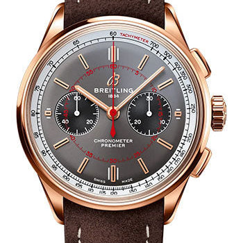 Breitling Premier B01 Chronograph 42 Wheels and Waves Limited Edition Watch - 18K Red Gold - Anthracite Dial - Brown Calfskin Leather Strap - Tang Buckle Limited Edition of 100 - RB0118A31B1X1