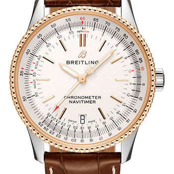 Breitling Navitimer Automatic 38 Watch - Steel & Red Gold - Silver Dial - Gold Croco Strap - Folding Buckle - U17325211G1P2