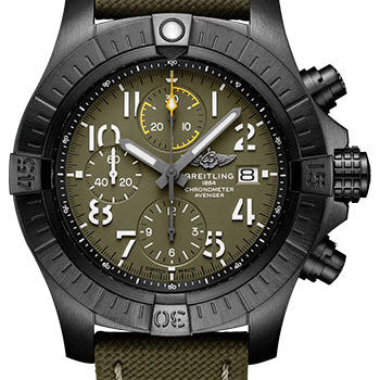 Breitling Avenger Chronograph 45 Night Mission Watch - DLC-Coated Titanium - Green Dial - Khaki Green Calfskin Leather Strap - Folding Buckle - V13317101L1X2