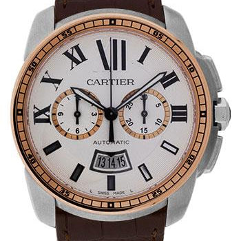 Cartier Calibre de Cartier Chronograph Watch - 42 mm Steel And Pink Gold Case - Silver Dial - Brown Alligator Strap - W7100043