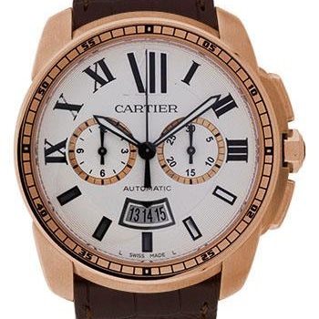 Cartier Calibre de Cartier Chronograph Watch - 42 mm Pink Gold Case - Silver Dial - Brown Alligator Strap - W7100044