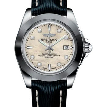 Breitling Galactic 32 Sleek Watch - Steel and Tungsten - Mother-Of-Pearl Dial - Blue Calfskin Leather Strap - Tang Buckle - W71330121A1X1