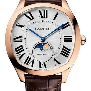 Cartier Drive de Cartier Moon Phases Watch - 40 mm x 41 mm Rose Gold Case - Silvered Dial - Brown Alligator Strap - WGNM0018