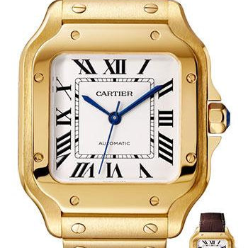 Cartier Santos de Cartier Watch - 35.1 mm Yellow Gold Case - Silvered Dial - Allilgator Strap - WGSA0010