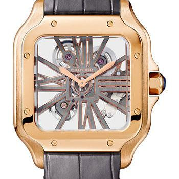 Cartier Santos de Cartier Watch - 39.8 mm Pink Gold Case - Skeleton Dial - Alligator And In Calfskin Strap - WHSA0018